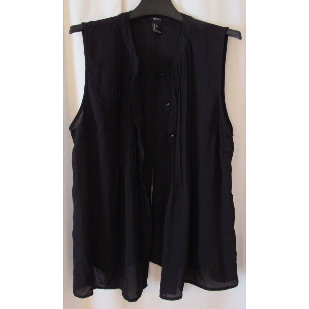 Forever 21 Semi Sheer Black Button Up Sleeveless Blouse with Back Slit Size L